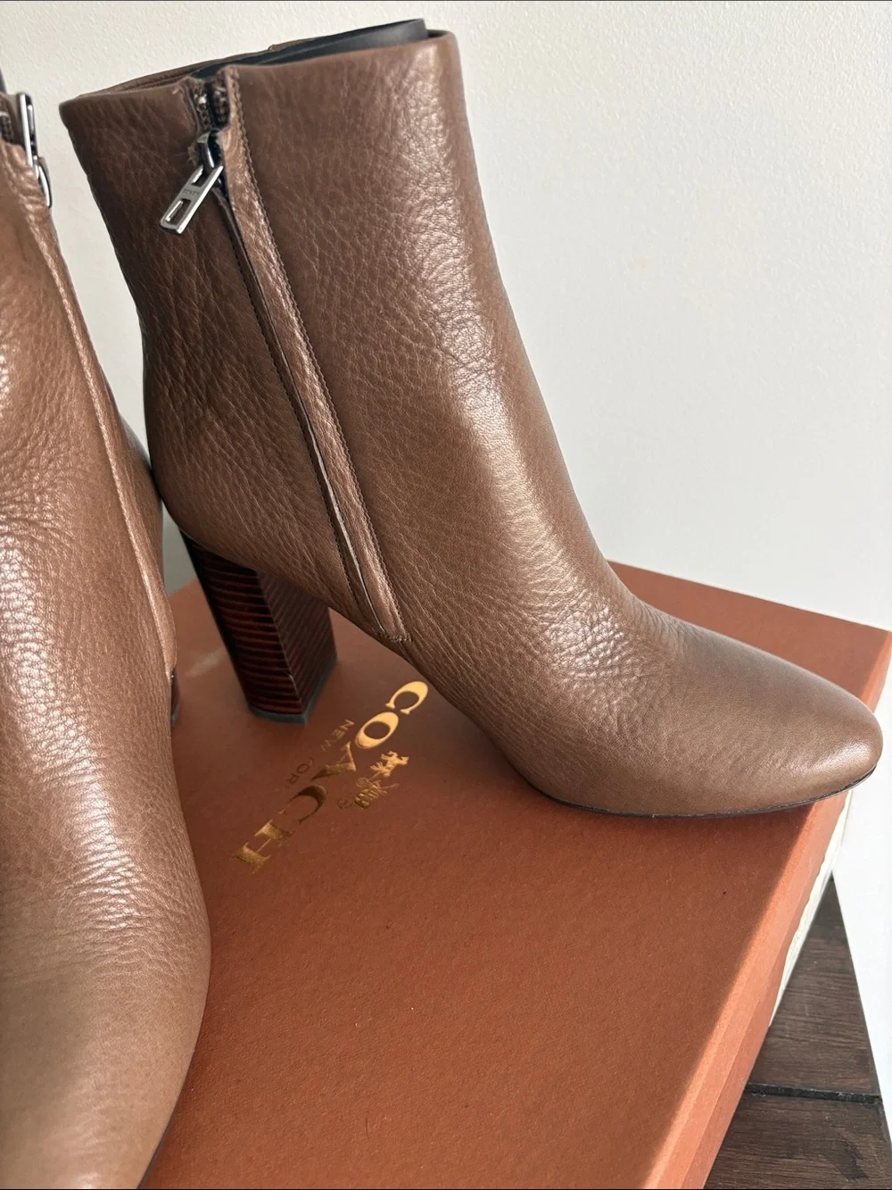 Coach Brown Leather Chain-Trim Block Heel Ankle Boots